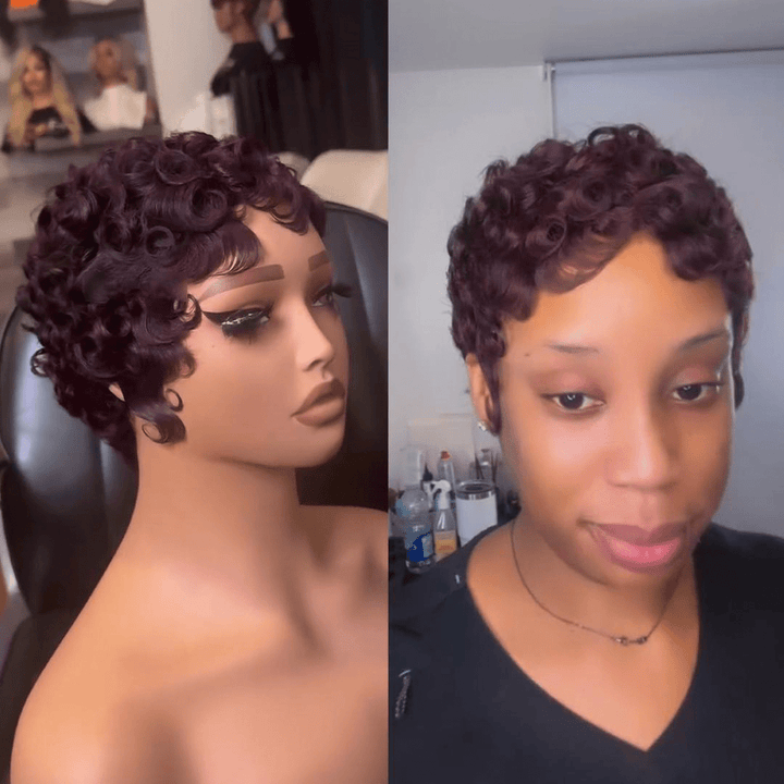 ailuxyhair-fr AILUXY 001 identique à l'image 6pouces AILUXY Perruques 13x4 lace Perruque super bouclée pixie cut perruque 99J