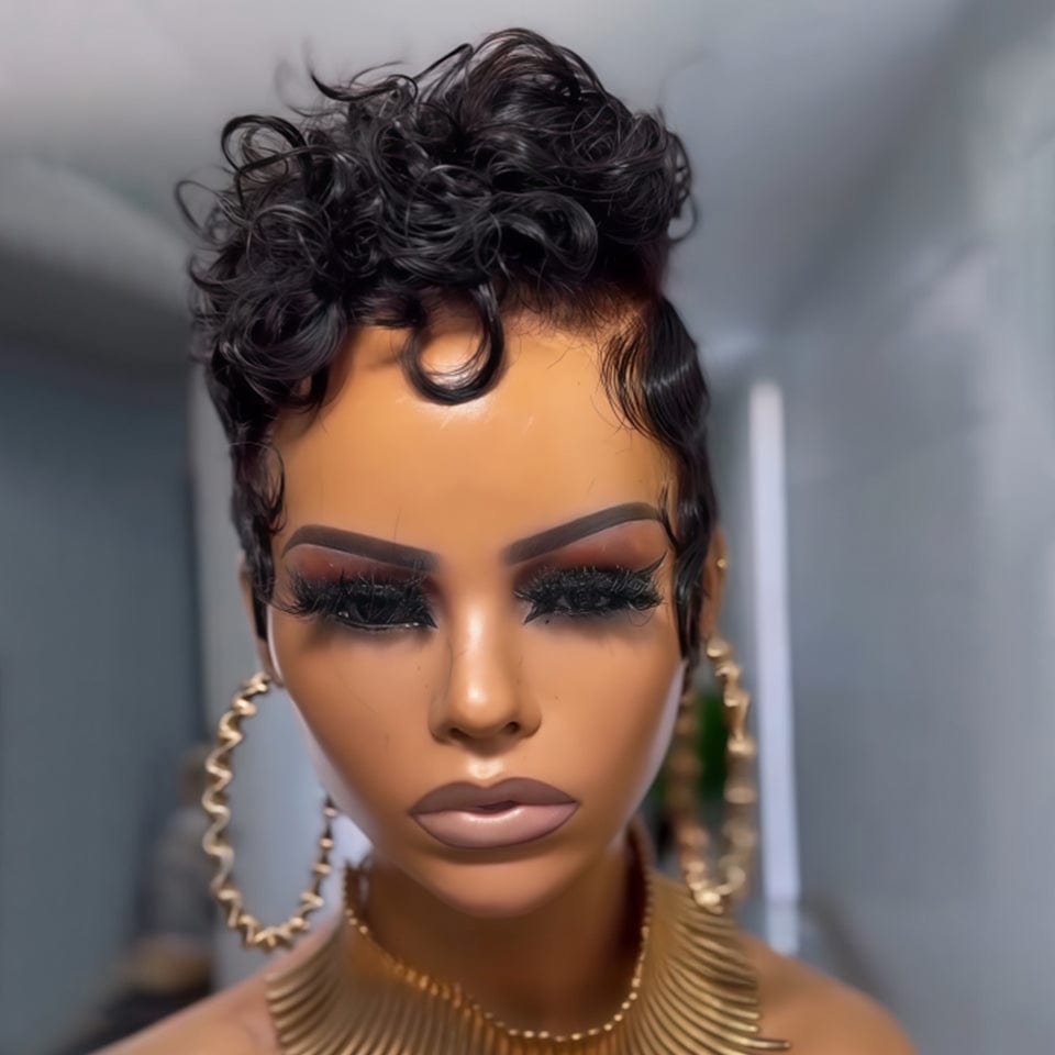 ailuxyhair-fr AILUXY 001 Noir (En france) AILUXY Perruque courte Pixie Cut 13X4 en dentelle ondulée en soie