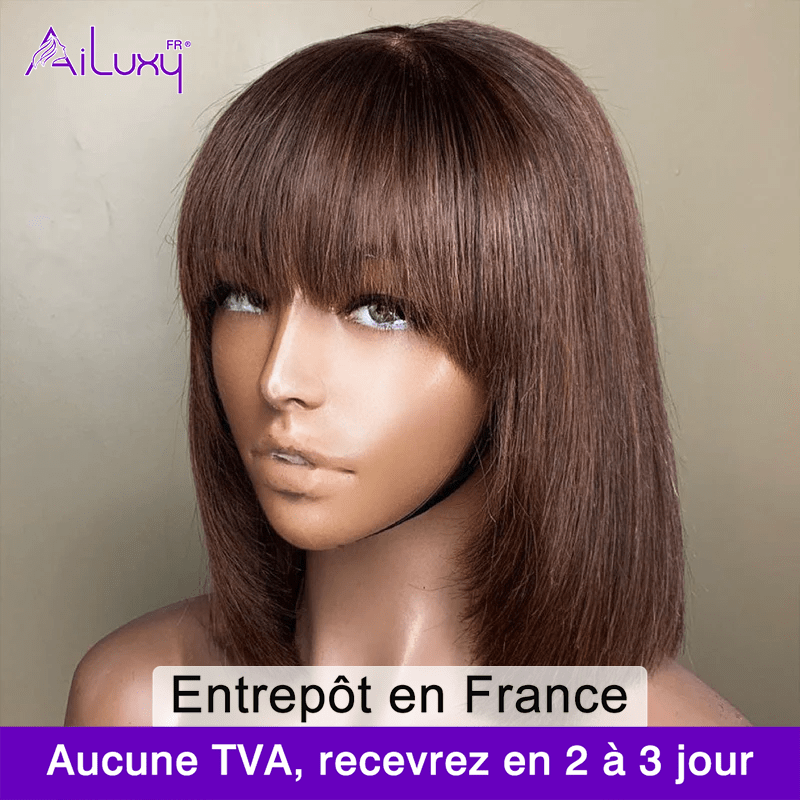 ailuxyhair-fr AILUXY 002 10(En France) AILUXY Lisse Marron Bob Perruque Avec Frange Perruque 100% Cheveux Humains