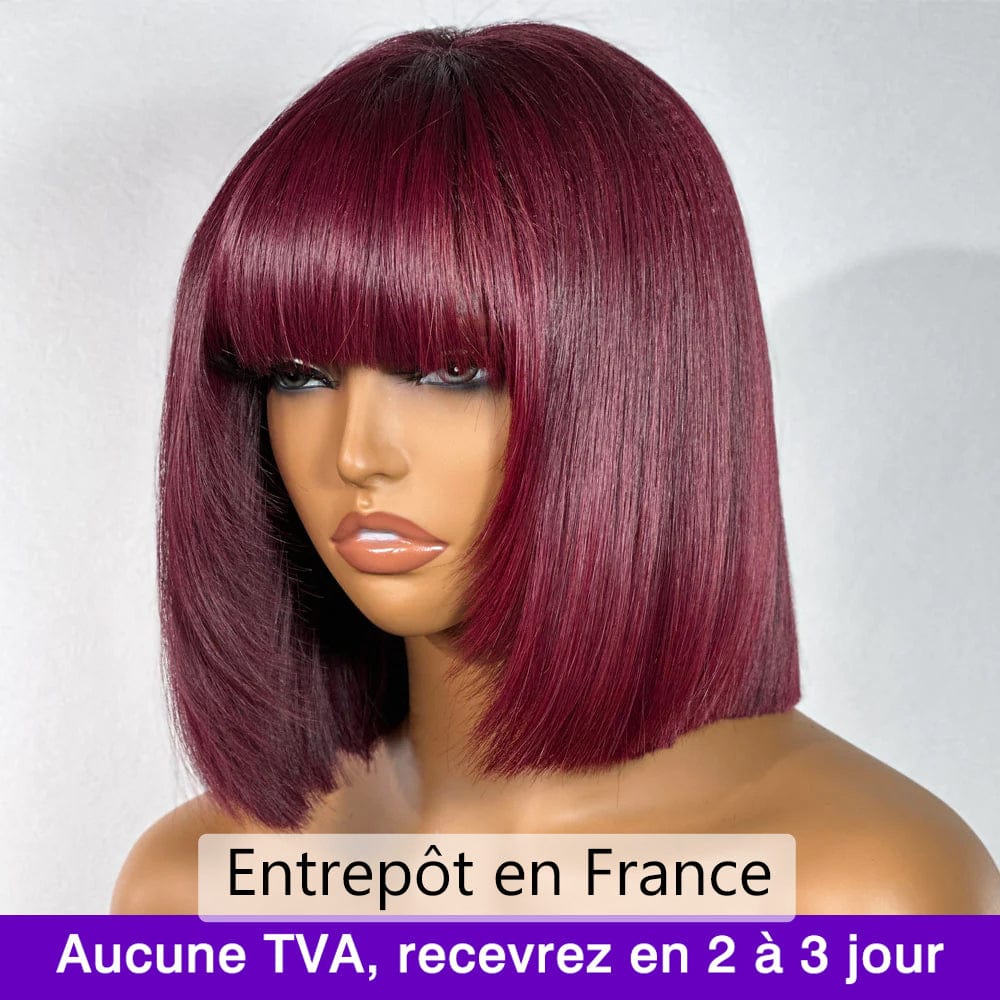 ailuxyhair-fr AILUXY 002 AILUXY 99J Rouge Bourgogne Lisse Bob Perruque Avec Frange 100% Cheveux Humains