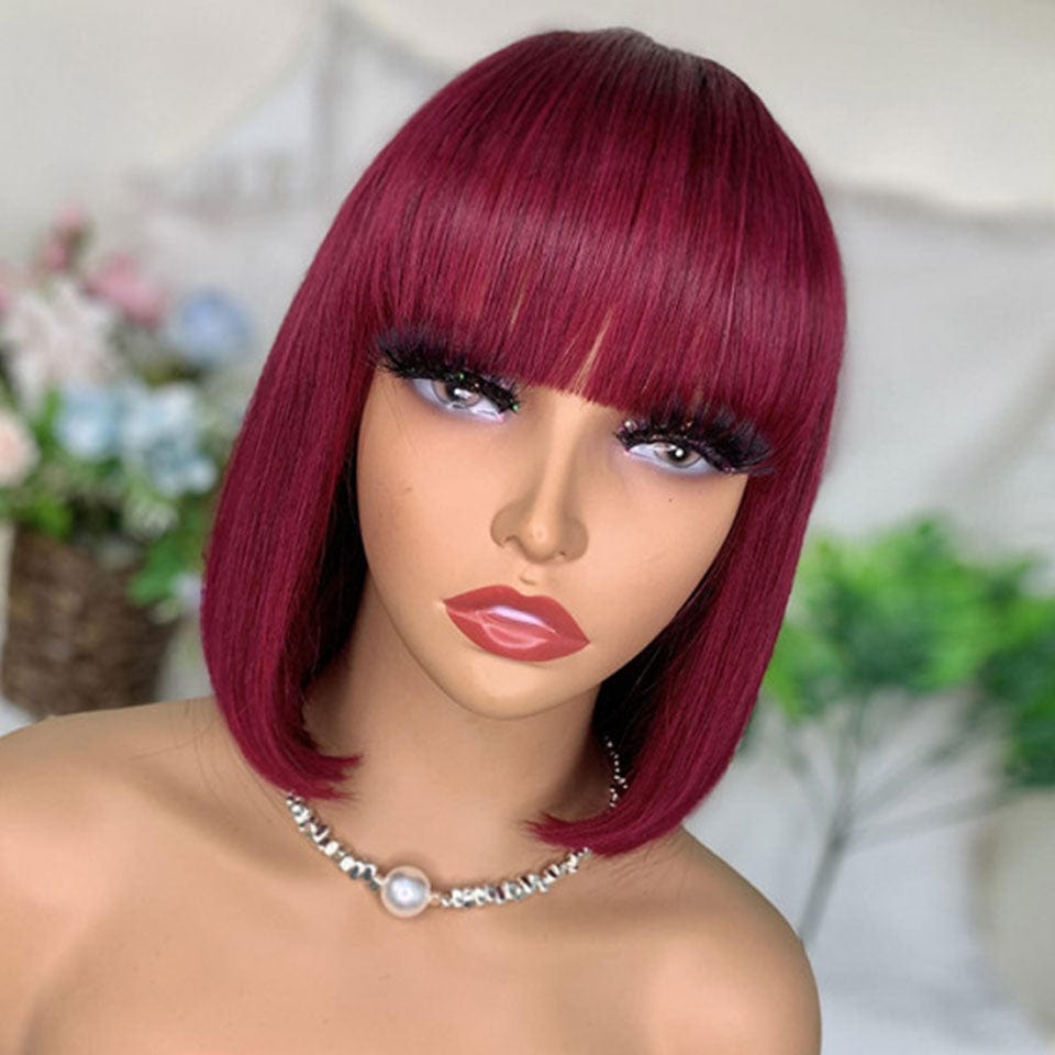 ailuxyhair-fr AILUXY 002 AILUXY 99J Rouge Bourgogne Lisse Bob Perruque Avec Frange 100% Cheveux Humains