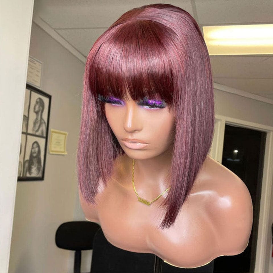 ailuxyhair-fr AILUXY 002 AILUXY 99J Rouge Bourgogne Lisse Bob Perruque Avec Frange 100% Cheveux Humains