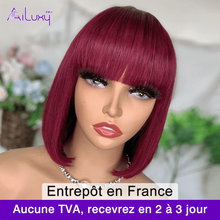 ailuxyhair-fr AILUXY 002 AILUXY 99J Rouge Bourgogne Lisse Bob Perruque Avec Frange 100% Cheveux Humains