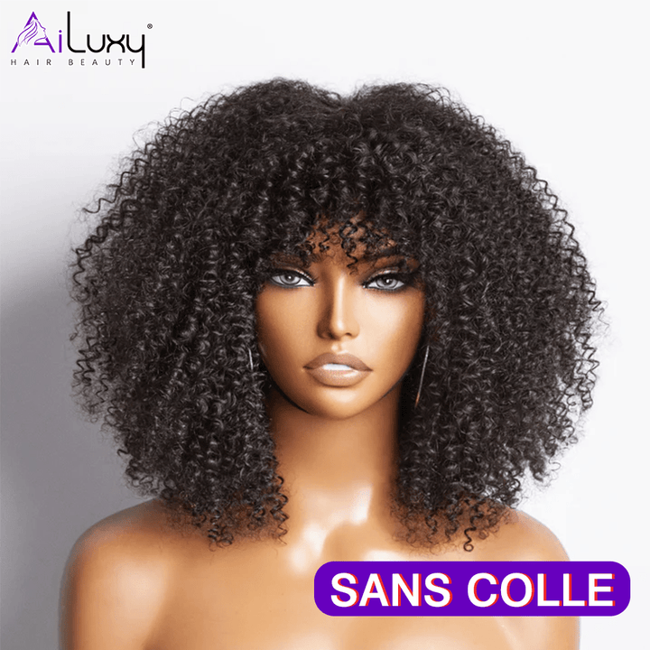 ailuxyhair-fr AILUXY 002 AILUXY Curly Noir Bob Perruque Avec Frange 100% Cheveux Humains 14 pouces