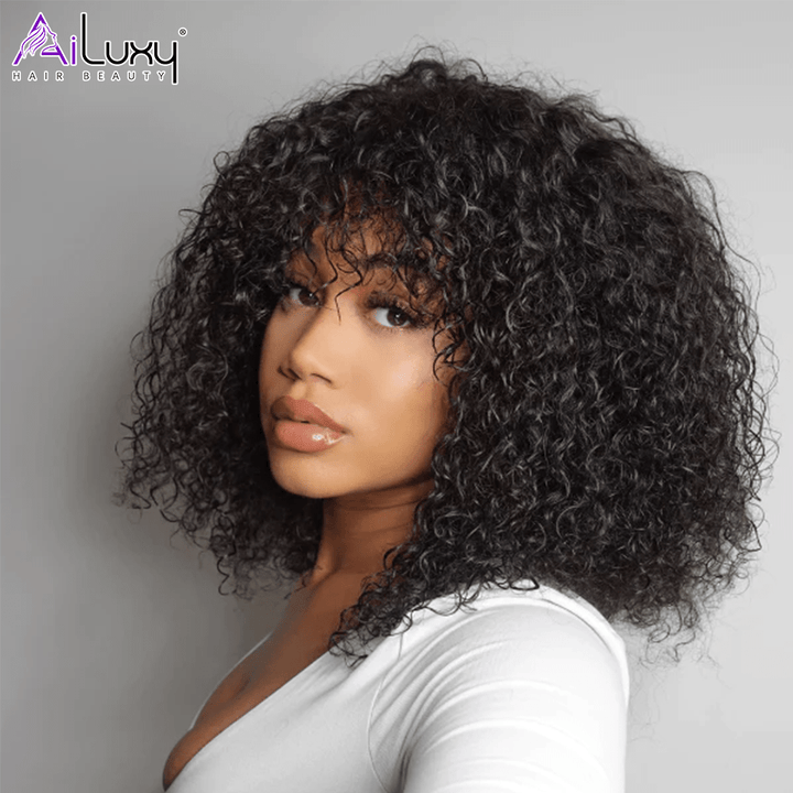 ailuxyhair-fr AILUXY 002 AILUXY Curly Noir Bob Perruque Avec Frange 100% Cheveux Humains 14 pouces