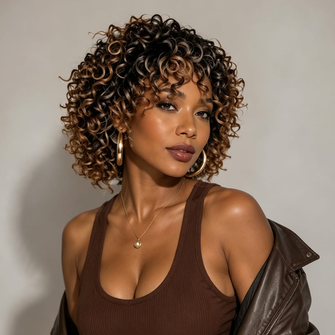 ailuxyhair-fr AILUXY 002 Ailuxy Glueless Couleur Blond Foncé Doré Ombré Perruque Sans Colle Bouclé Bob