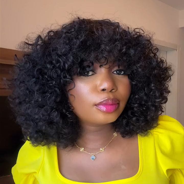 ailuxyhair-fr AILUXY 002 AILUXY Perruque entièrement fabriquée à la machine BOB 14 pouces bouclée avec frange droite, style polyvalent