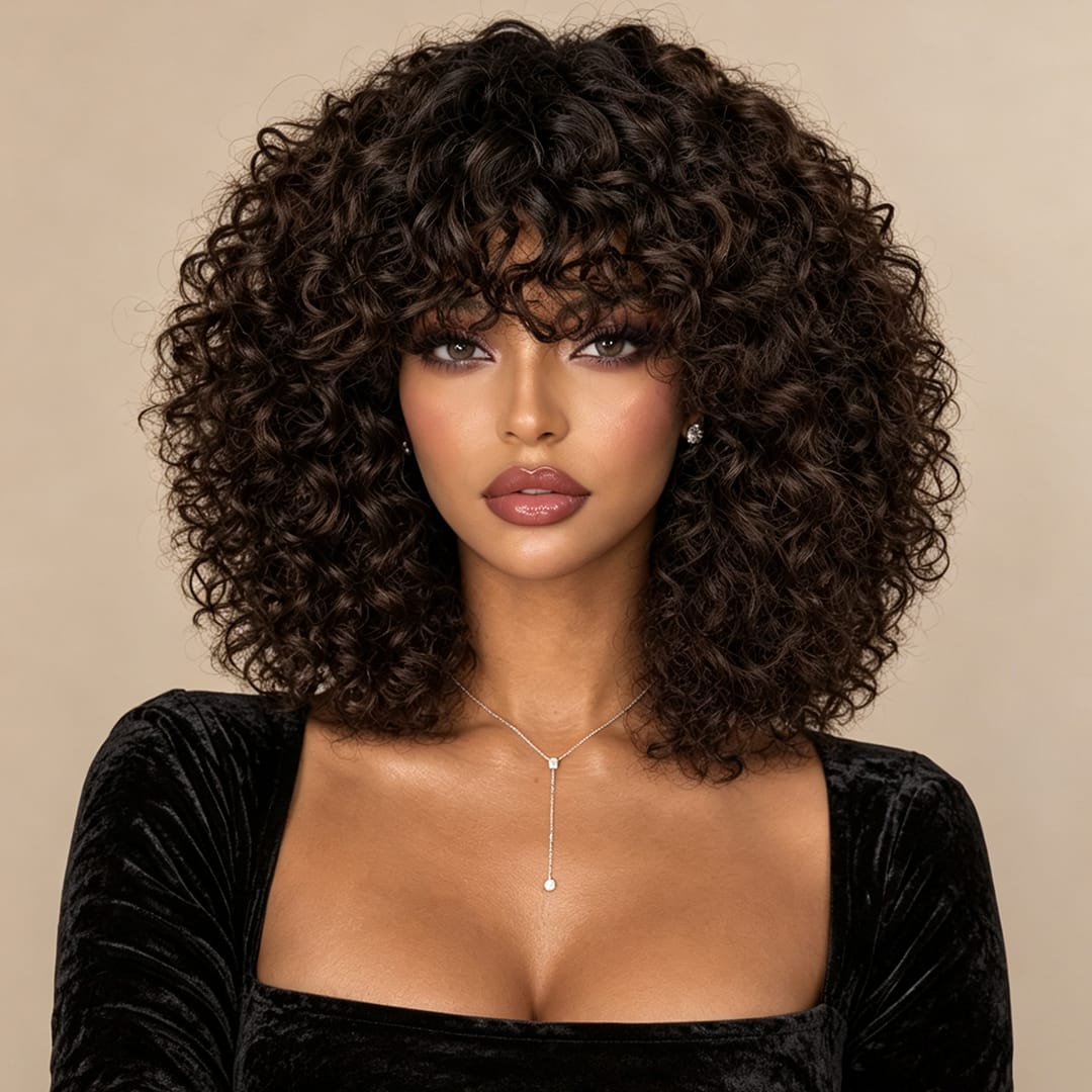 ailuxyhair-fr AILUXY 002 AILUXYhair Curly 1b4 Courte Perruque 100% Cheveux Humains 200% densité 100% cheveux humains