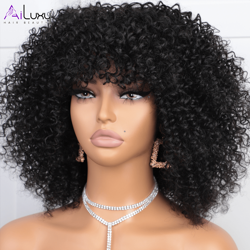 ailuxyhair-fr AILUXY 002 (En france)AILUXY Curly Noir Bob Perruque Avec Frange 100% Cheveux Humains comme sur la vidéo 2 - 3 jours reçus+Un beau cadeau