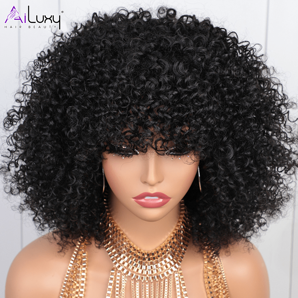 ailuxyhair-fr AILUXY 002 (En france)AILUXY Curly Noir Bob Perruque Avec Frange 100% Cheveux Humains comme sur la vidéo 2 - 3 jours reçus+Un beau cadeau