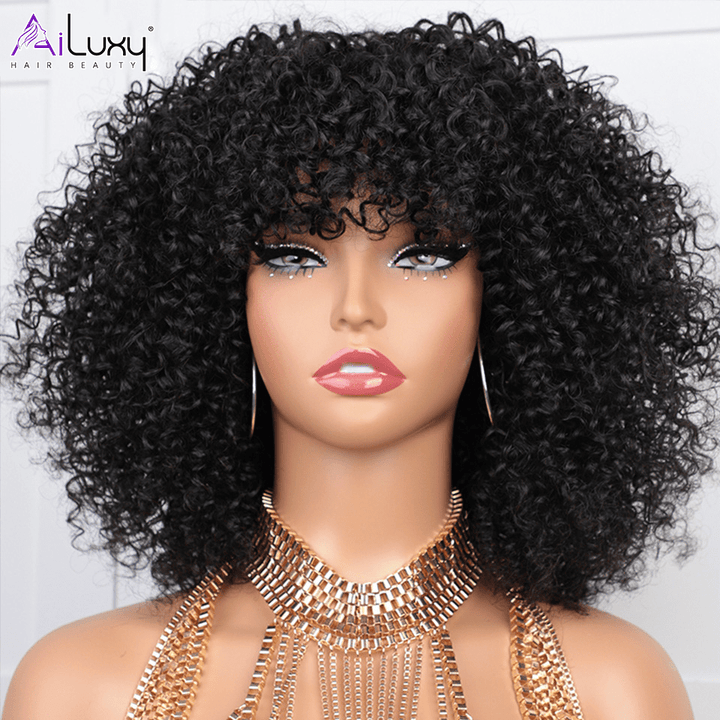 ailuxyhair-fr AILUXY 002 (En france)AILUXY Curly Noir Bob Perruque Avec Frange 100% Cheveux Humains comme sur la vidéo 2 - 3 jours reçus+Un beau cadeau
