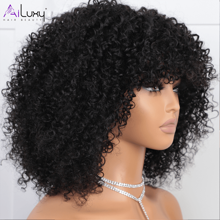ailuxyhair-fr AILUXY 002 (En france)AILUXY Curly Noir Bob Perruque Avec Frange 100% Cheveux Humains comme sur la vidéo 2 - 3 jours reçus+Un beau cadeau