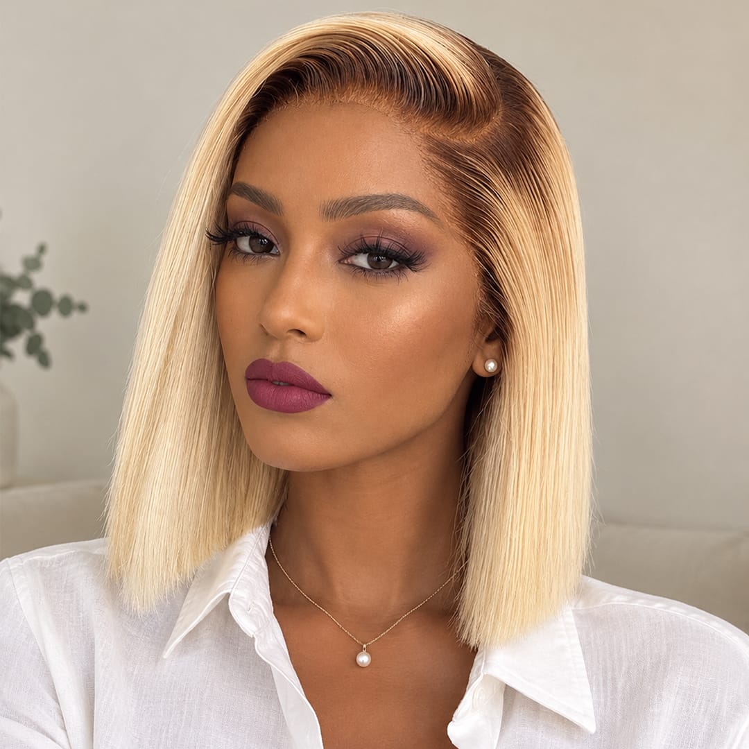 ailuxyhair-fr AILUXY 13x4 Lace Frontal Blond Avec Racine Marron Bob 200% densité Perruque Lisse Courte Perruque 100% Cheveux Humains