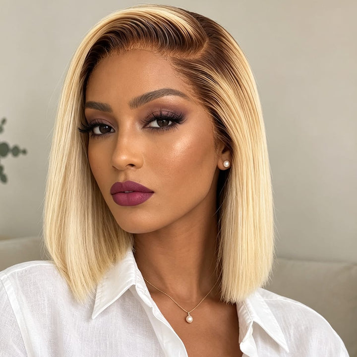 ailuxyhair-fr AILUXY 13x4 Lace Frontal Blond Avec Racine Marron Bob 200% densité Perruque Lisse Courte Perruque 100% Cheveux Humains