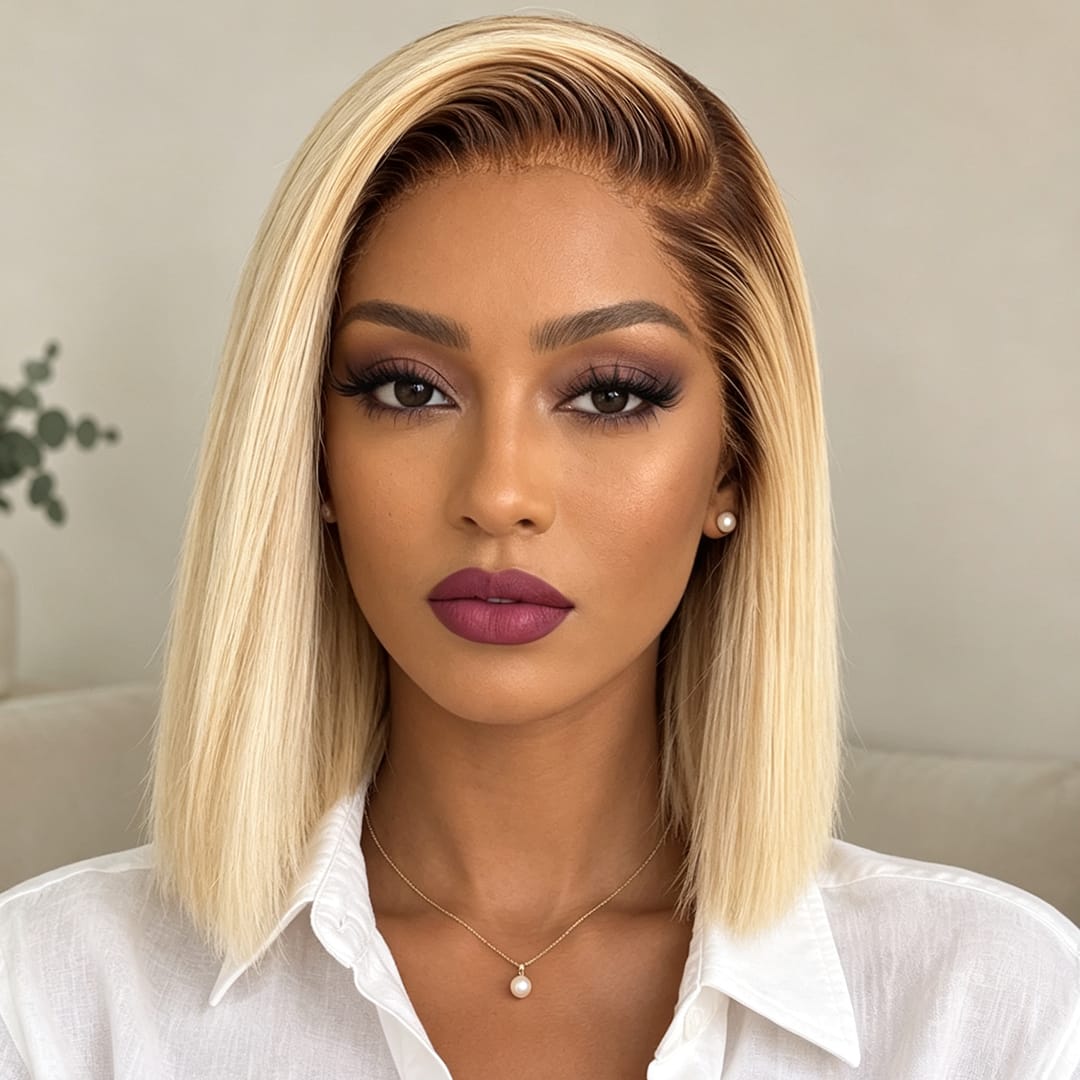 ailuxyhair-fr AILUXY 13x4 Lace Frontal Blond Avec Racine Marron Bob 200% densité Perruque Lisse Courte Perruque 100% Cheveux Humains