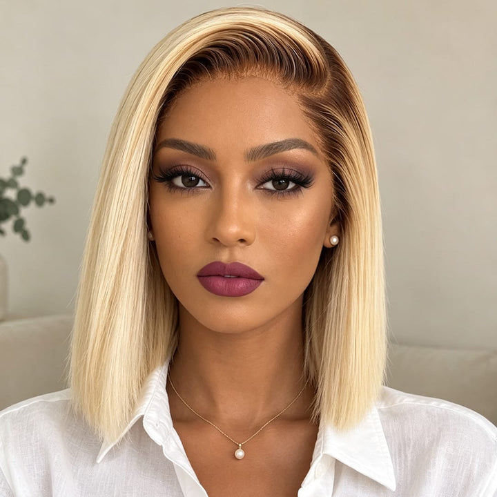 ailuxyhair-fr AILUXY 13x4 Lace Frontal Blond Avec Racine Marron Bob 200% densité Perruque Lisse Courte Perruque 100% Cheveux Humains