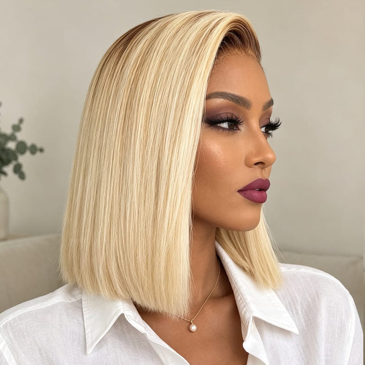 ailuxyhair-fr AILUXY 13x4 Lace Frontal Blond Avec Racine Marron Bob 200% densité Perruque Lisse Courte Perruque 100% Cheveux Humains