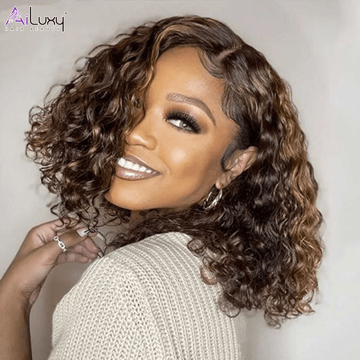 ailuxyhair-fr AILUXY 13x4 Lace Frontal Bob 200% densité Perruque Curly Courte Perruque 100% Cheveux Humains