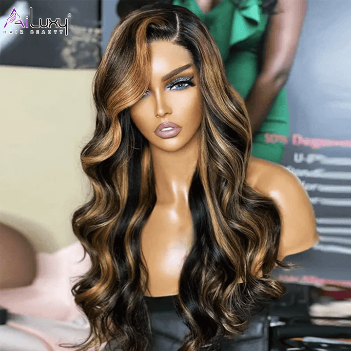 ailuxyhair-fr AILUXY 13x4 Lace Frontal Body Wave Longue Brun Balayage Miel #1B#27 Perruque 100% Cheveux Humains