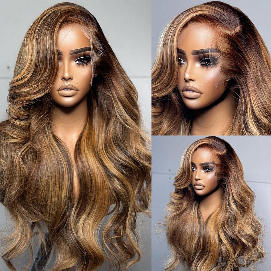 ailuxyhair-fr AILUXY 13x4 Lace Frontal Body Wave Longue Brun Balayage Miel #4#27 Perruque 100% Cheveux Humains