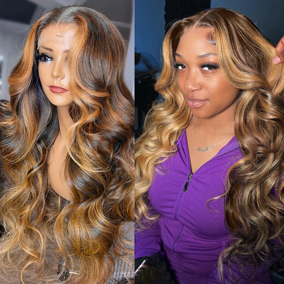 ailuxyhair-fr AILUXY 13x4 Lace Frontal Body Wave Longue Brun Balayage Miel #4#27 Perruque 100% Cheveux Humains