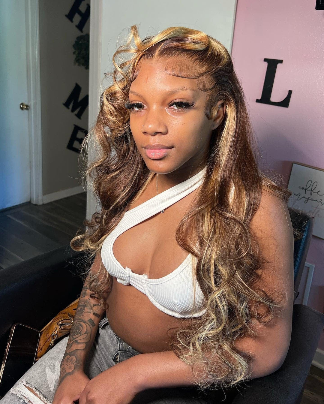 ailuxyhair-fr AILUXY 13x4 Lace Frontal Body Wave Longue Brun Balayage Miel #4#27 Perruque 100% Cheveux Humains