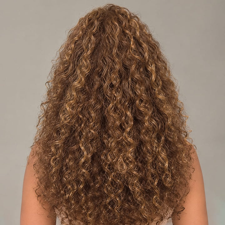 ailuxyhair-fr AILUXY 13x4 Lace Frontal Brun Aux Reflets Blonds Curly Bouclé Longue Perruque 100% Cheveux Humains Densité 200%