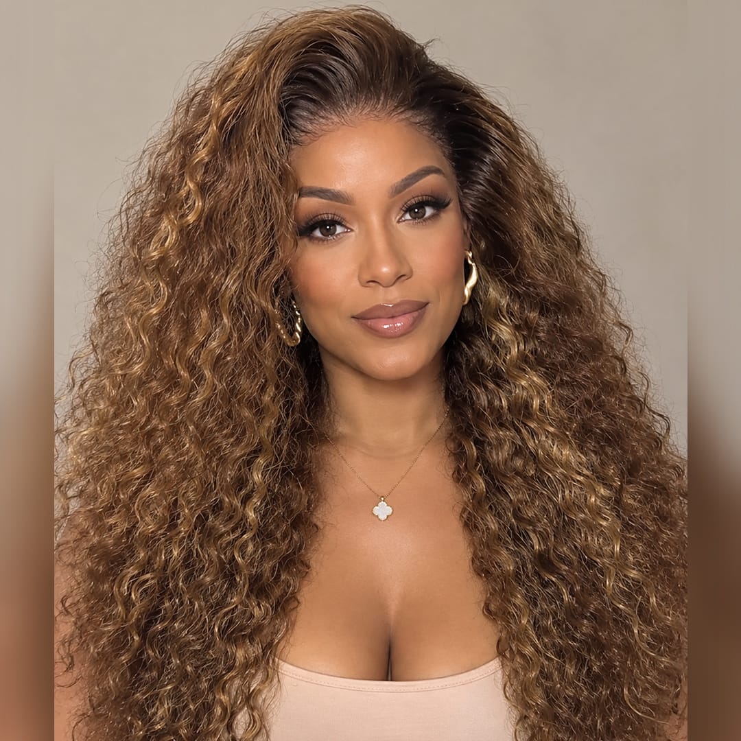 ailuxyhair-fr AILUXY 13x4 Lace Frontal Brun Aux Reflets Blonds Curly Bouclé Longue Perruque 100% Cheveux Humains Densité 200%