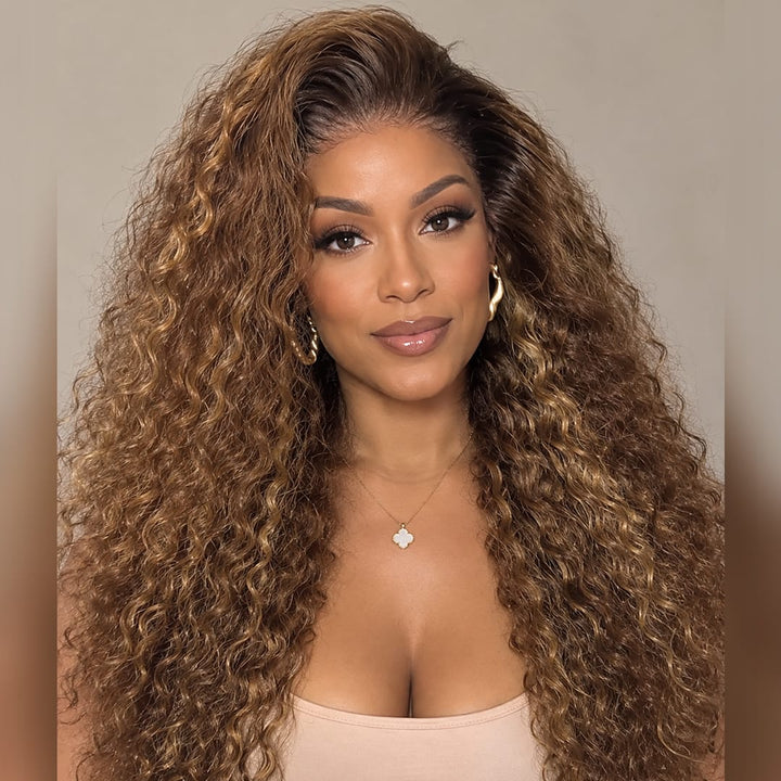 ailuxyhair-fr AILUXY 13x4 Lace Frontal Brun Aux Reflets Blonds Curly Bouclé Longue Perruque 100% Cheveux Humains Densité 200%