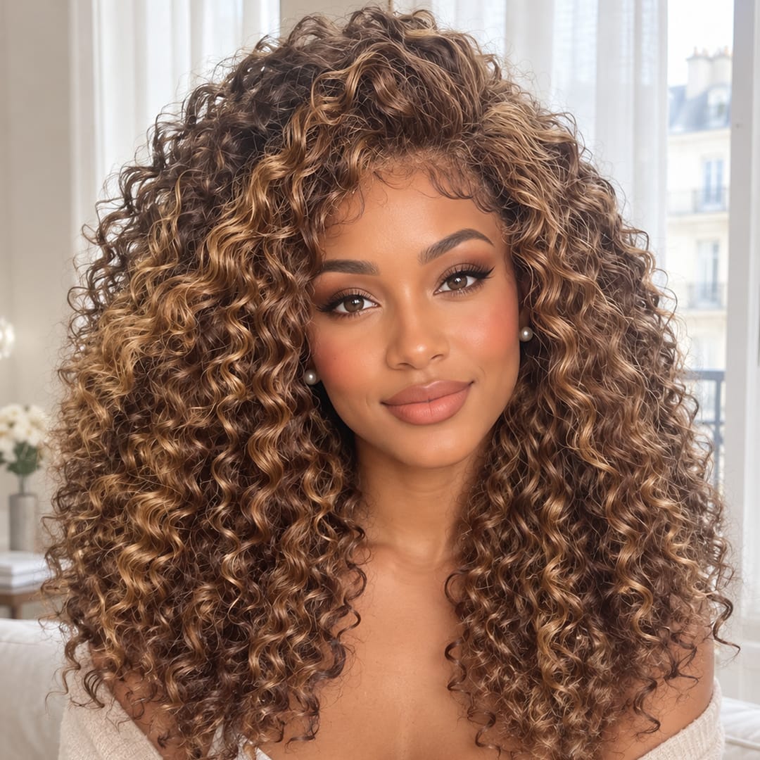 ailuxyhair-fr AILUXY 13x4 Lace Frontal Deep Wave Brun Balayage Miel Bob Perruque 100% Cheveux Humains