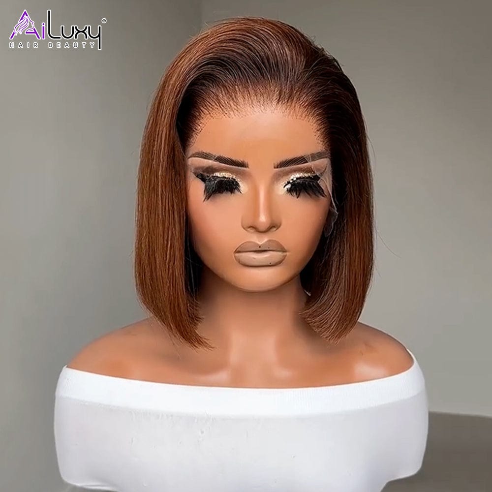ailuxyhair-fr AILUXY 13x4 Lace Frontal Lisse Brun Avec Racine Noire Bob Perruque 100% Cheveux Humains