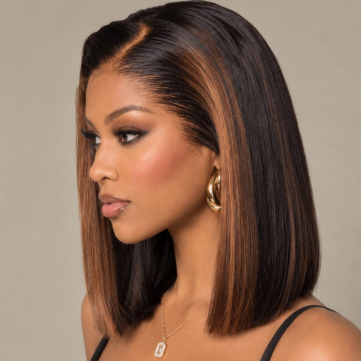 ailuxyhair-fr AILUXY 13x4 Lace Frontal Lisse Chocolat Brun Highlights Bob Perruque 100% Cheveux Humains
