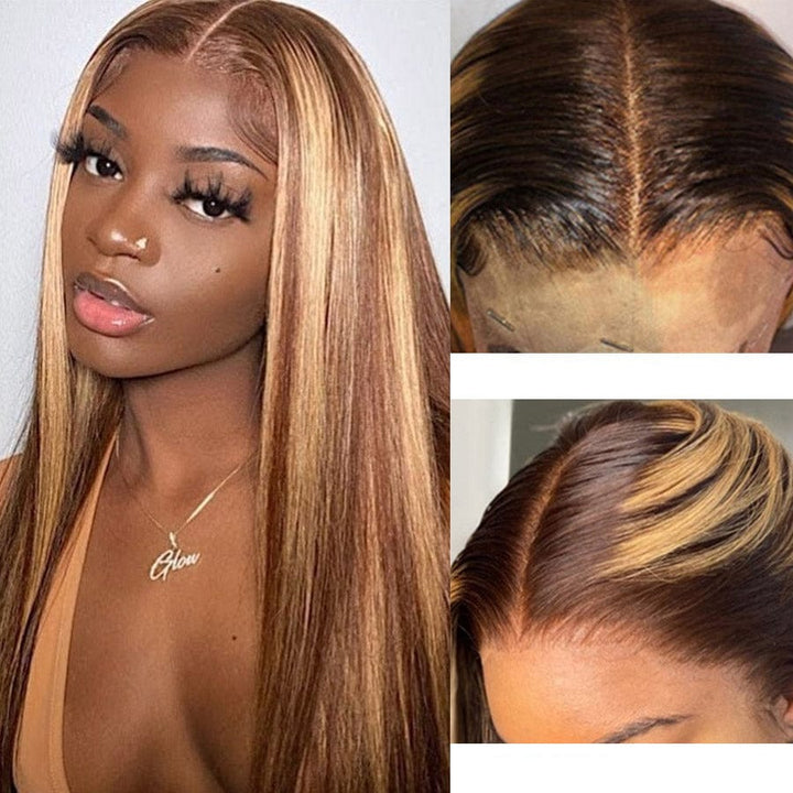 ailuxyhair-fr AILUXY 13x4 Lace Frontal Lisse Longue Brun Balayage Miel #4#27 Perruque 100% Cheveux Humains