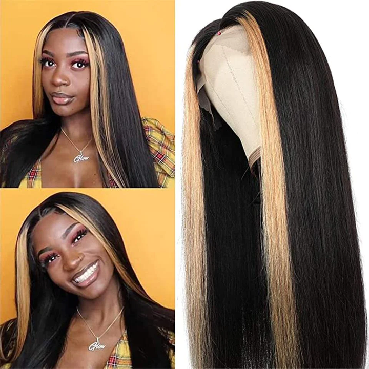 ailuxyhair-fr AILUXY 13x4 Lace Frontal Lisse Noir Avec Hightlights Brun Longue Perruque 100% Cheveux Humains