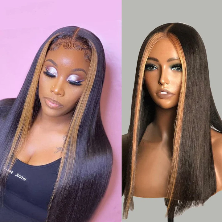 ailuxyhair-fr AILUXY 13x4 Lace Frontal Lisse Noir Avec Hightlights Brun Longue Perruque 100% Cheveux Humains