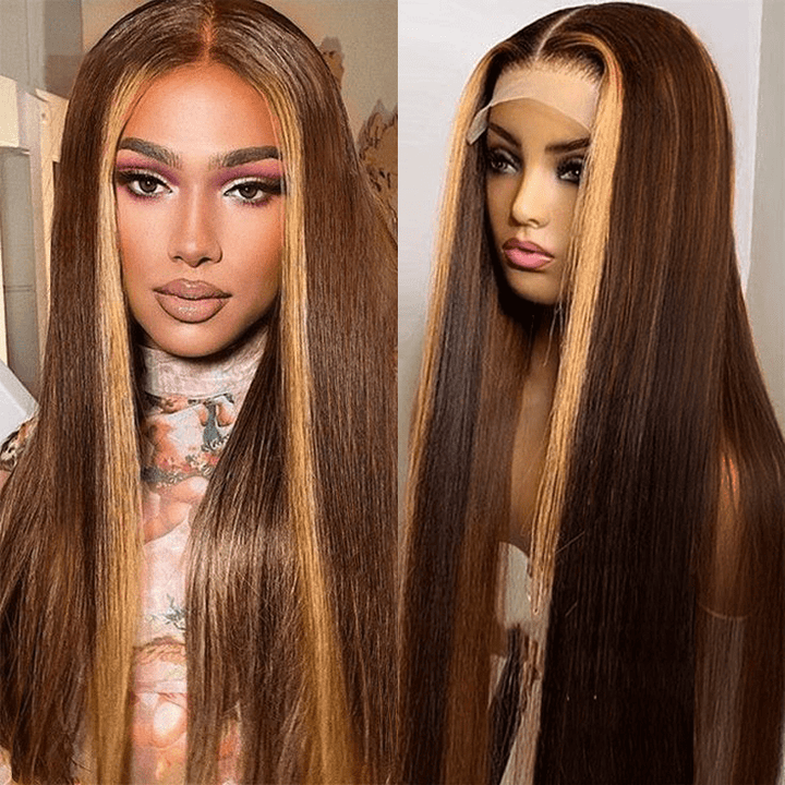 ailuxyhair-fr AILUXY 13x4 Lace Frontal Marron avec blond Highlights Lisse Longue Perruque 100% Cheveux Humains