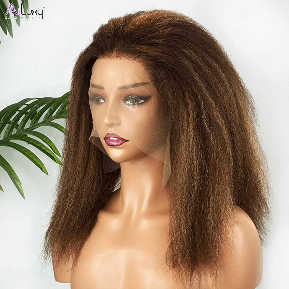 ailuxyhair-fr AILUXY 13x4 Lace Frontal Perruque Kinky Lisse Longue #4/27 200% Densité 100% Cheveux Humains