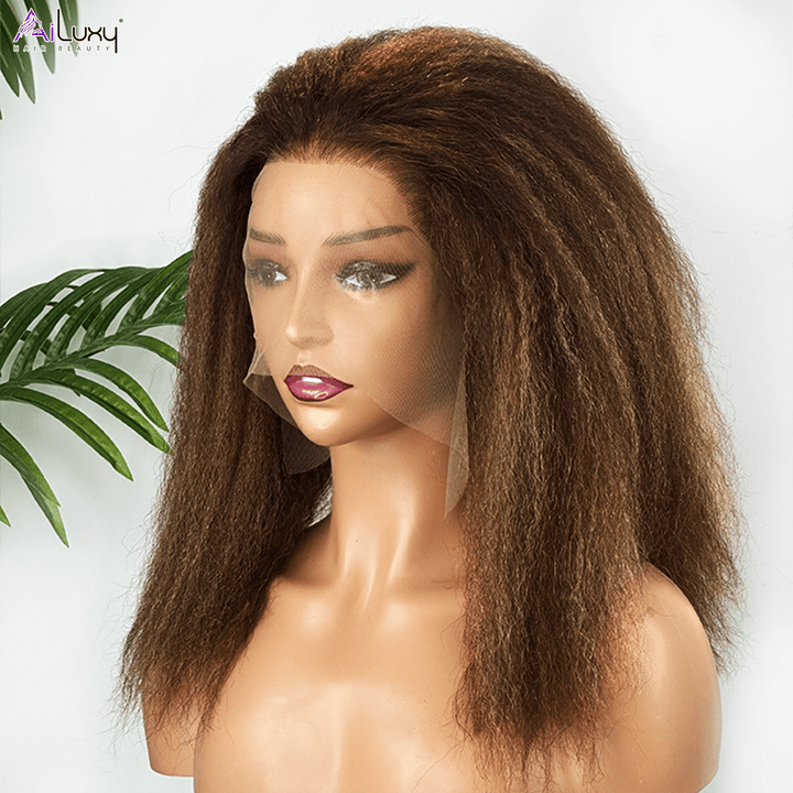 ailuxyhair-fr AILUXY 13x4 Lace Frontal Perruque Kinky Lisse Longue #4/27 200% Densité 100% Cheveux Humains