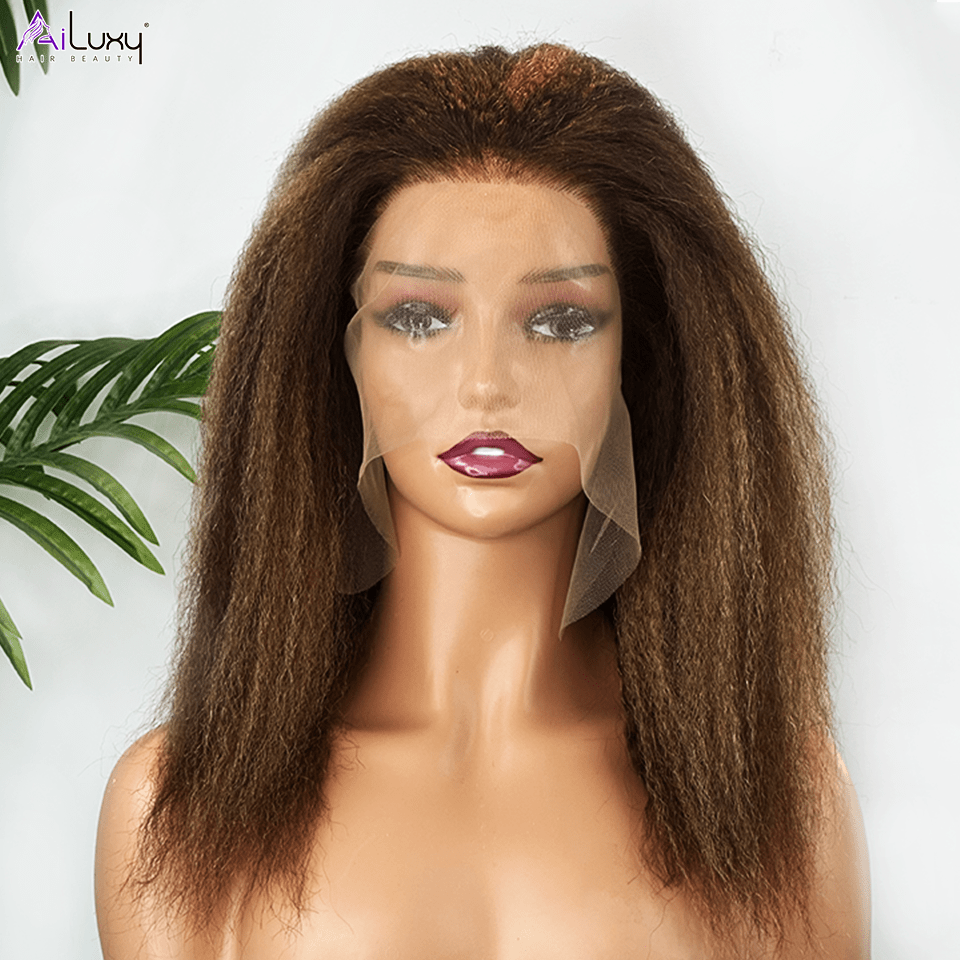 ailuxyhair-fr AILUXY 13x4 Lace Frontal Perruque Kinky Lisse Longue #4/27 200% Densité 100% Cheveux Humains