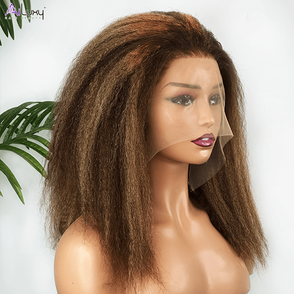 ailuxyhair-fr AILUXY 13x4 Lace Frontal Perruque Kinky Lisse Longue #4/27 200% Densité 100% Cheveux Humains