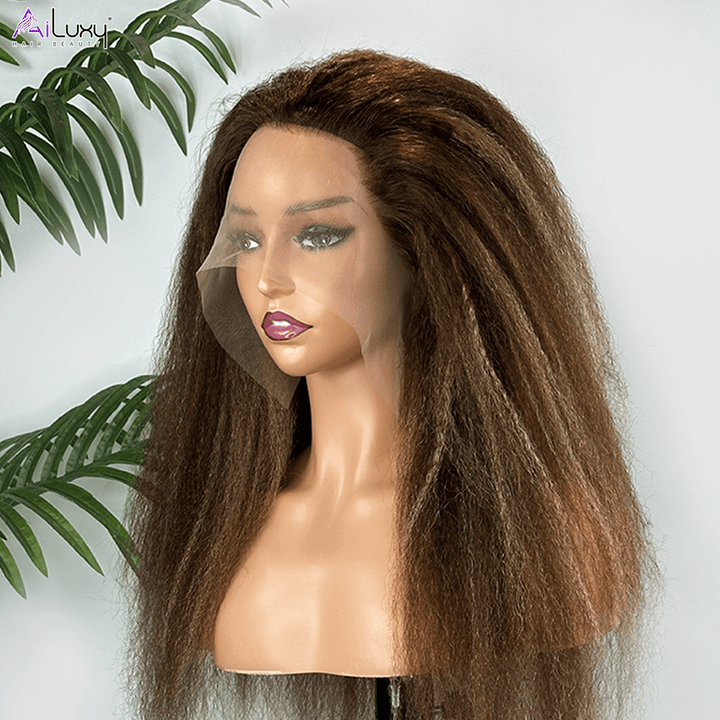 ailuxyhair-fr AILUXY 13x4 Lace Frontal Perruque Kinky Lisse Longue #4/27 200% Densité 100% Cheveux Humains