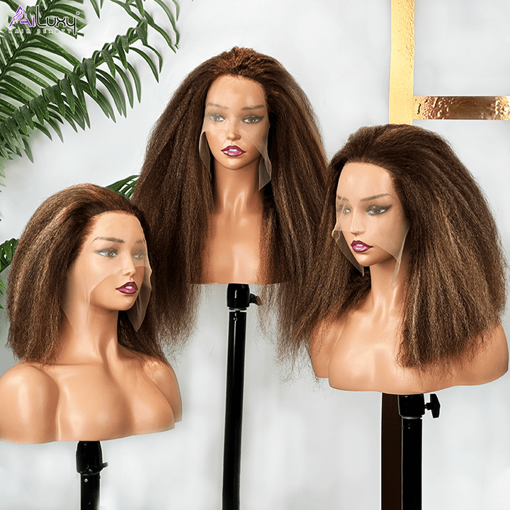 ailuxyhair-fr AILUXY 13x4 Lace Frontal Perruque Kinky Lisse Longue #4/27 200% Densité 100% Cheveux Humains