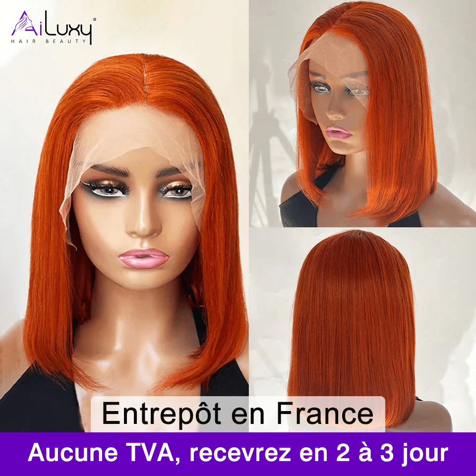 ailuxyhair-fr AILUXY 13x4 Lace Frontal Perruque Lisse Courte Orange Bob Perruque 200% Densité 100% Cheveux Humains