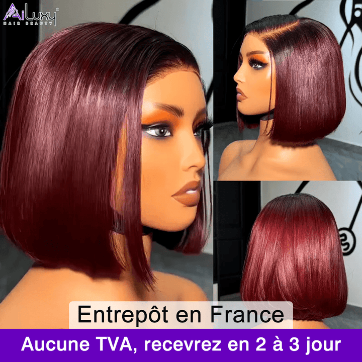 ailuxyhair-fr AILUXY 13x4 Lace Perruque Lisse Bob Perruque Courte 1B/99J 200% densité 100% cheveux humains comme sur la vidéo 2 - 3 jours reçus+Un beau cadeau