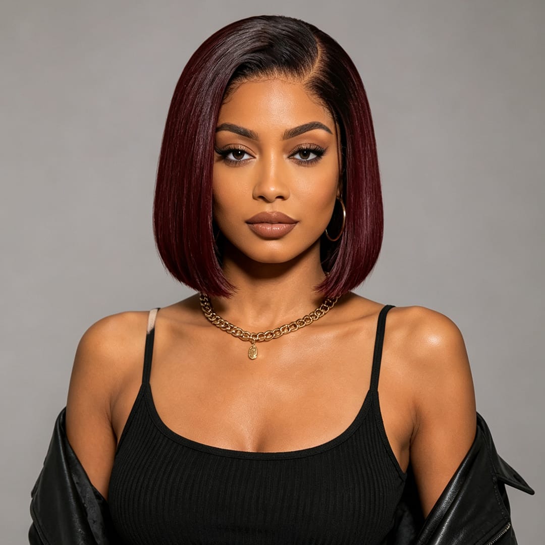 ailuxyhair-fr AILUXY 13x4 Lace Perruque Lisse Bob Perruque Courte 1B/99J 200% densité 100% cheveux humains comme sur la vidéo 2 - 3 jours reçus+Un beau cadeau