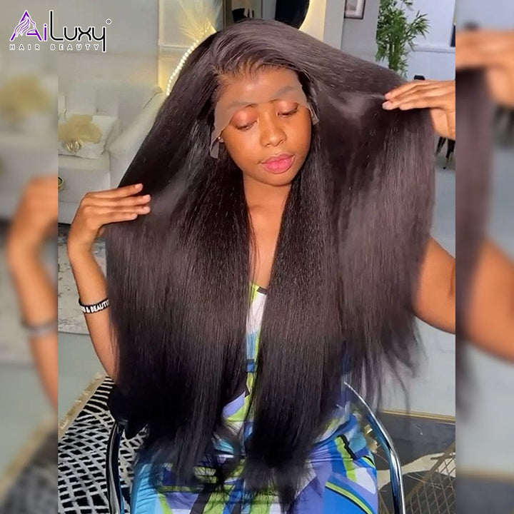 ailuxyhair-fr AILUXY 13x6 Lace Frontal Kinky Lisse Longue Noir Perruque 100% Cheveux Humains comme sur la vidéo 2 - 3 jours reçus+Un beau cadeau