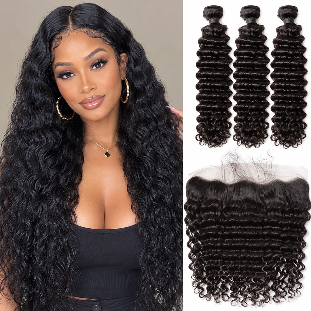 ailuxyhair-fr AILUXY 3 Paquets Avec 13x4 Lace Frontal Deep Wave Couleur Naturelle