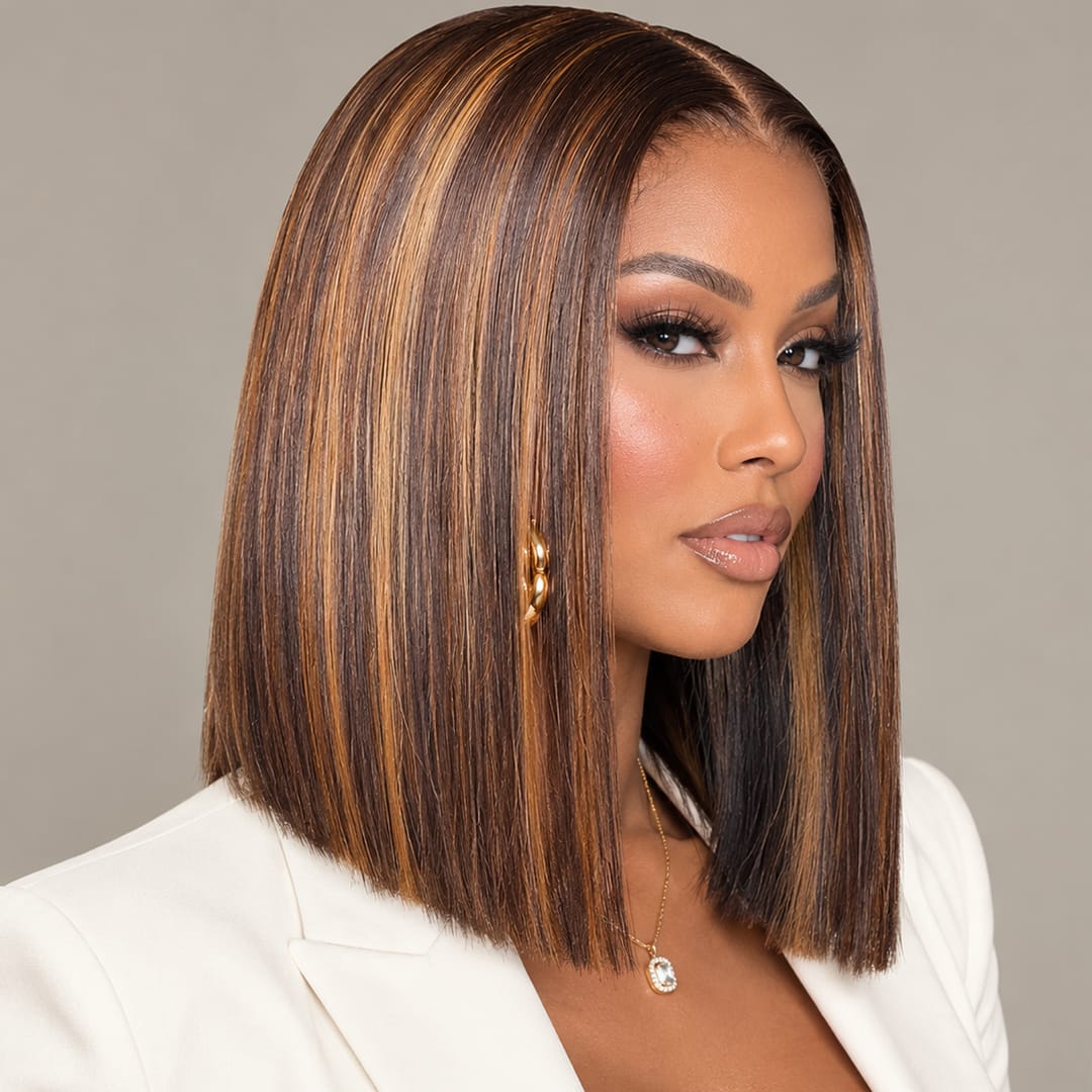 ailuxyhair-fr AILUXY 4x4 Lace Closure Brun Balayage Caramel Bob Perruque Lisse Courte Perruque en Couleur 4#30#4 100% Cheveux Humains