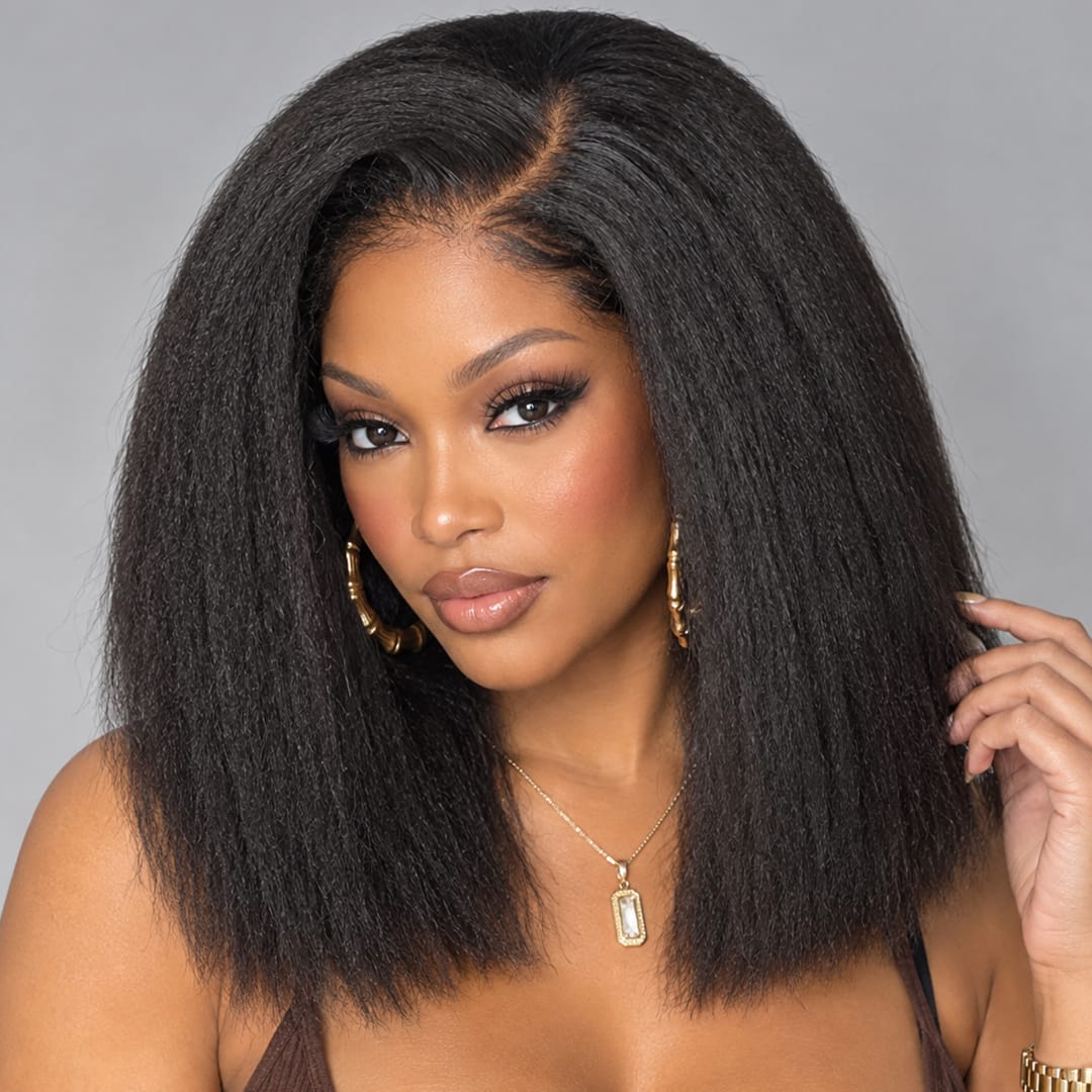 ailuxyhair-fr AILUXY 4x4 Lace Closure Perruque Kinky Lisse Courte Bob Perruque Couleur naturelle 250% densité 100% cheveux humains