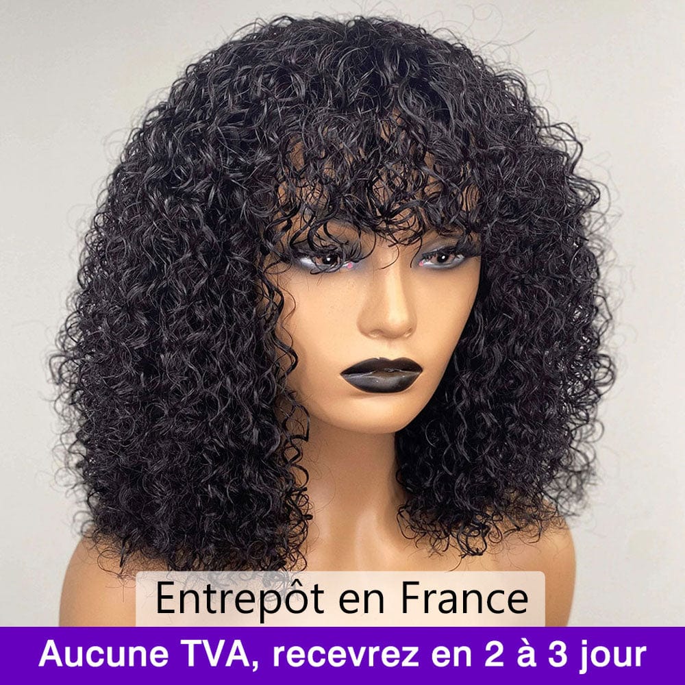 ailuxyhair-fr AILUXY Bouclé Noir Bob Perruque Avec Frange Fabriquée à la Machine 100% Cheveux Humains  comme sur la vidéo 2 - 3 jours reçus+Un beau cadeau